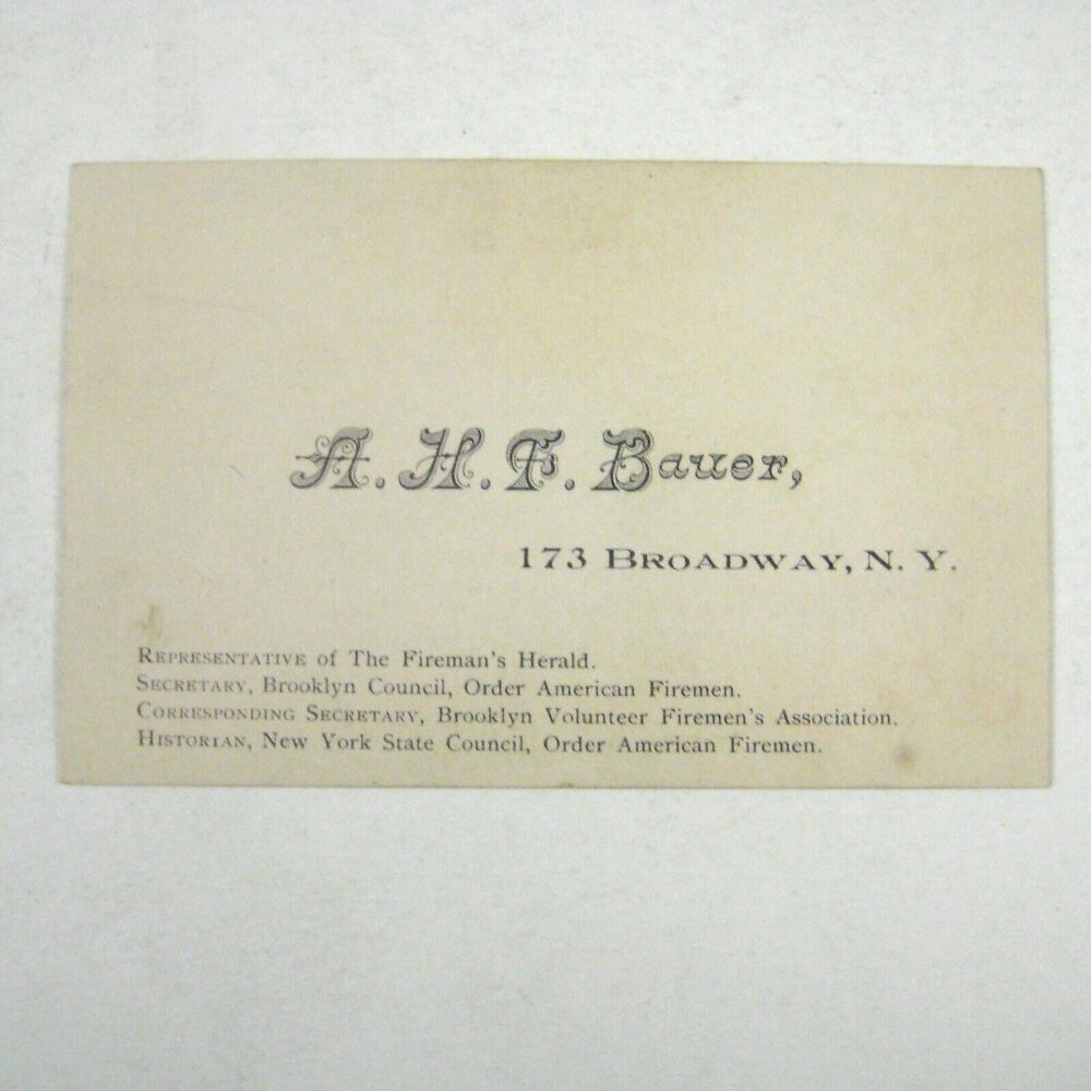 Fireman Bauer Brooklyn NY Business Card Broadway Historian Herald Circa 1900